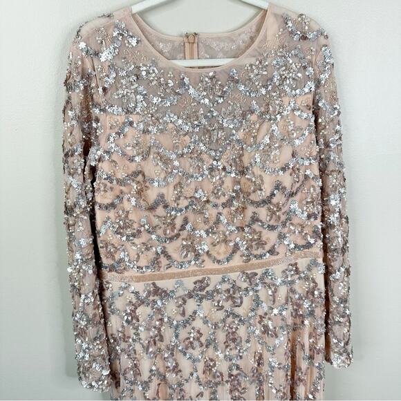 Mac Duggal Pink Embellished Illusion High Neck Long Sleeve A Line Gown Size 18 - Picture 4 of 13